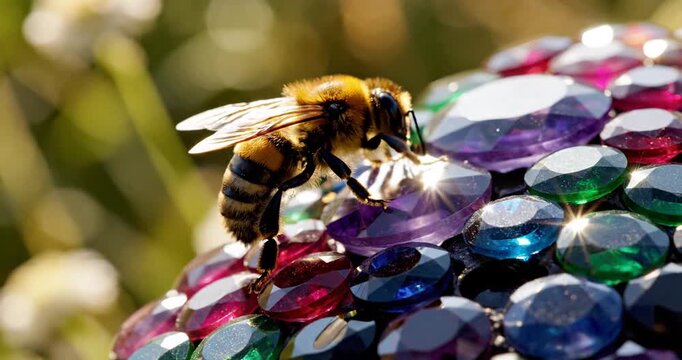 A bee collecting nectar from vibrant gemstones in a sunlit garden filled with flowers