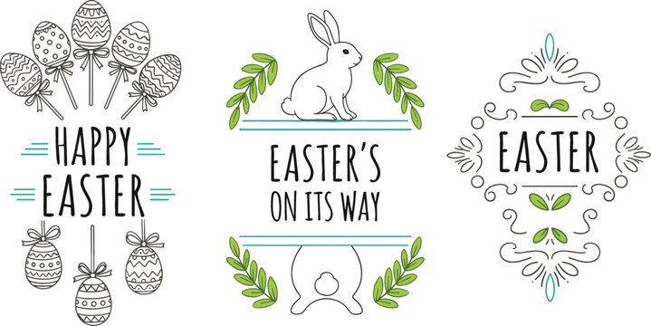 Minimalist Easter typography set with black line rabbit silhouette egg cake pops and ornate ornamental holiday frames vector