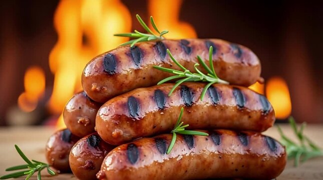 Grilled Sausages, Outdoor BBQ, Culinary Delight, Cooking, Rustic Atmosphere, Close-Up View, Gourmet Experience