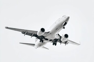 Fototapeta premium Commercial airplane flying overhead with landing gear extended against a clear sky, showcasing the aircraft's wings and engines in a dynamic upward angle