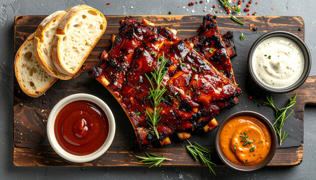 Delicious BBQ ribs served with crusty bread and assorted dipping sauces on a rustic wooden board, perfect for a summer feast