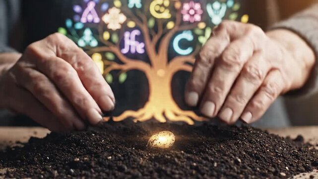 Old person planting seed with abstract glowing tree symbols