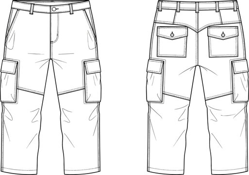 Technical vector tech pack of utility cargo trousers with side pockets and flap back pockets for fashion design