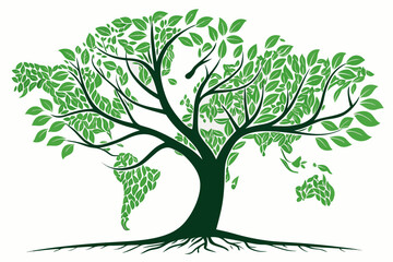Fototapeta premium A vibrant illustration depicts a majestic tree with deep roots and its lush green canopy forming a world map.