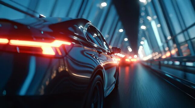 calm futuristic minimalistic scene, a car driving fast. next to it on the other side there iheavy traffic. soft cinematic lighting with subtle blue accents, minimal composition, no text, no logos,