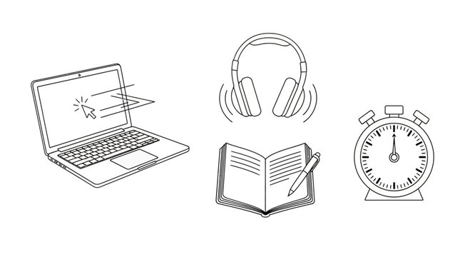 Online Learning Concept: Laptop, Headphones, Book, Stopwatch - Digital Education Icons