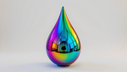 Fototapeta premium A shiny metallic object resembling a drop of liquid or tear, with a rainbow pattern that reflects the light in various colors, against a neutral background