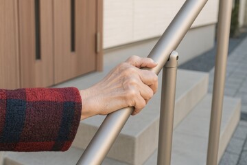 屋外のコンクリート階段を上る際に、しわのある高齢者の手がマットな質感のシルバーの手すりをしっかりと掴み、安全に移動する様子を捉えたクローズアップ写真。