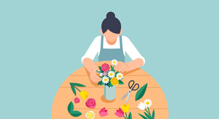 Florist arranging flowers at a table, crafting floral bouquets, hands at work