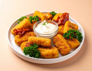 Fototapeta premium Crispy Golden Fried Potato Croquettes or Chicken Nuggets Served with Crispy Bacon, Fresh Parsley and a Creamy Dipping Sauce; Delicious Appetizer Snack