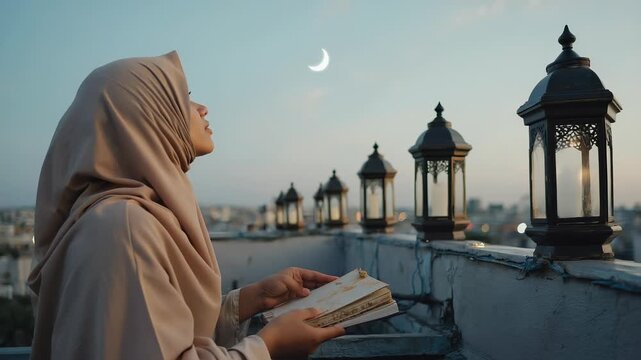 Hands of a young woman in a beige hijab hold a small notebook. She looks up at the faint crescent moon while lanterns glow softly around her on the rooftop during dusk