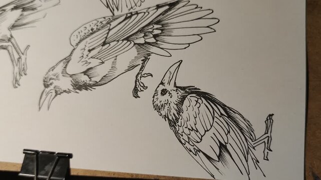 Minimalist doodle raven line art semi-realistic cartoon birds Traditional art ink sketch drawing process timelapse animal contour ink on paper liner marker graphic artwork hand made 