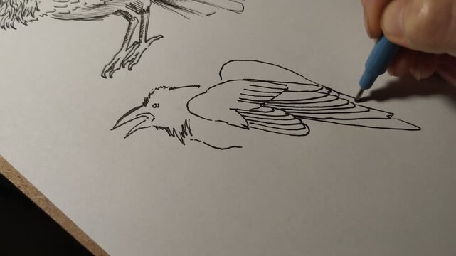 Minimalist doodle raven line art semi-realistic cartoon birds Traditional art ink sketch drawing process timelapse animal contour ink on paper liner marker graphic artwork hand made 