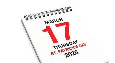 Calendar page showing March 17th, St. Patrick's Day 2026, marking the holiday celebration in Canada