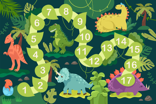 Board game. Move. Cartoon dinosaurs. Vector flat illustration. Colorful characters. Frame of board game