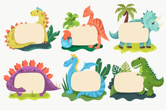 Cartoon dinosaurs. Vector flat illustration. Template for frames, stickers, banner. Colorful characters.