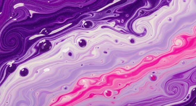 Abstract purple, pink, and white fluid art background with swirling patterns and bubbles, acrylic paint pour effect