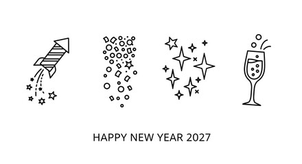 Happy New Year 2027 Icons: Fireworks, Confetti, Stars, Champagne Glass