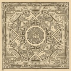 Naklejka premium Vintage Japanese Woodblock Illustration Of Decorative Circular Crest