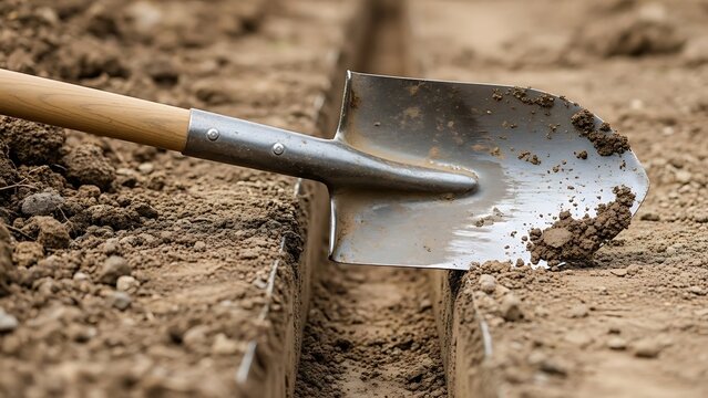 Close-up of shovel digging furrow on cultivated brown soil ground view