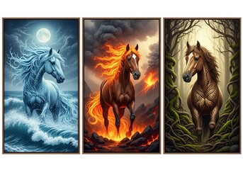 Triptych horse art water fire earth elements symbolism