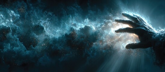 A spectral hand reaching out from swirling clouds of cosmic light