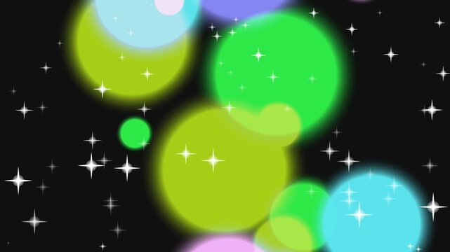 Colorful glowing orbs and stars on a black background.