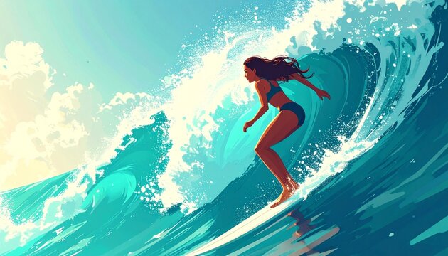 Female surfer riding giant ocean wave, dynamic motion illustration, turquoise water palette, adventure lifestyle concept