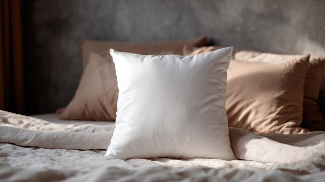 Soft, white square pillow in focus, atop a bed with tan pillows. Warm sunlight