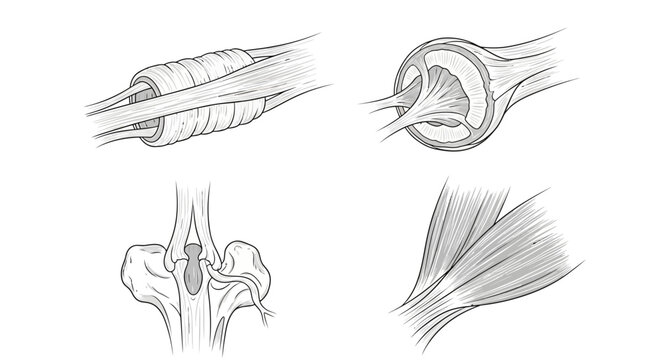 Anatomical illustration of muscle fibers and tendons in cross-section and longitudinal views
