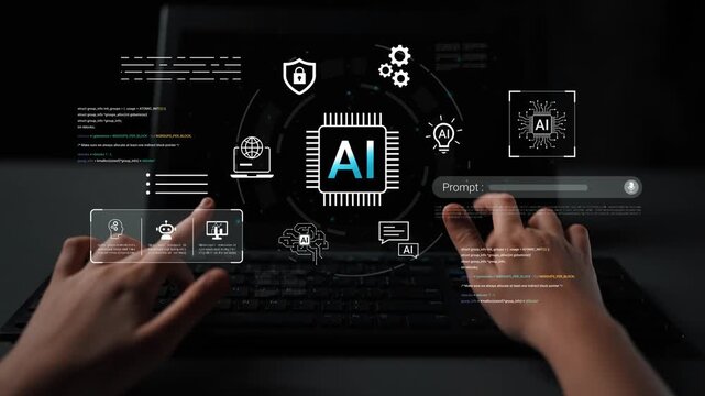 Hands interacting with futuristic AI technology interface on a dark background, showcasing digital elements and innovation in artificial intelligence fields Gluon.