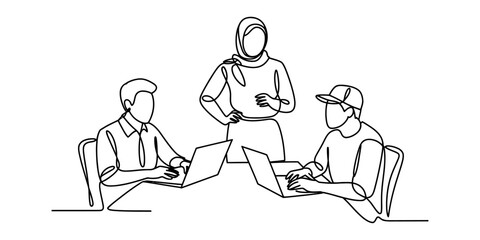 Continuous line drawing of a diverse team working together in a modern office environment. Vector, illustration