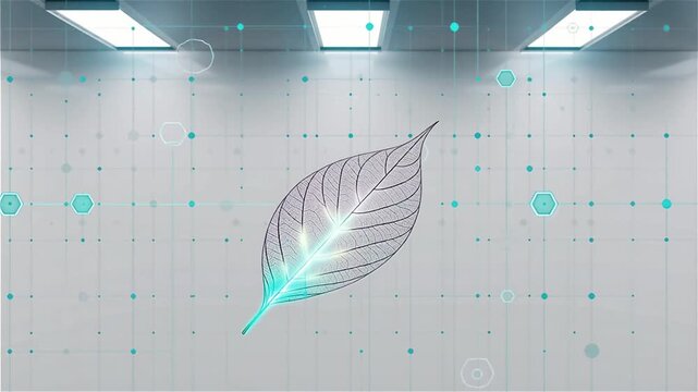 Minimal leaf pattern with digital grid overlay, eco tech fusion, subtle glow effect