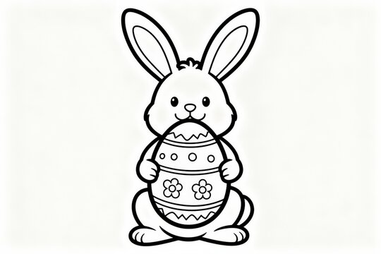 Cartoon bunny holding easter egg outline for kids coloring activity