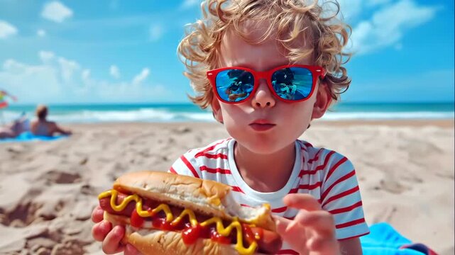 white boy eating hot dog on beach, wearing red sunglasses and striped shirt, mustard drizzle and soft bun visible, sandy shoreline and blue sky, eager bite and playful summer mood