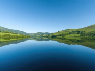 Obraz premium Tranquil reflection on serene lake rolling hills nature photography clear skies wide view calmness