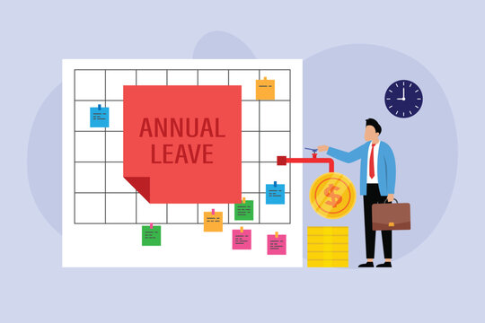 Businessman Planning Annual Leave on Calendar to Receive Paid Vacation Time and Salary Benefits 2d flat vector illustration