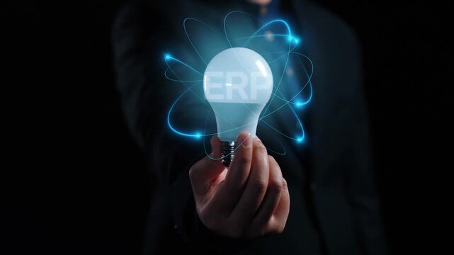 ERP platform visual showing centralized system for enterprise resource planning, improving integration, data flow, business efficiency, finance, inventory, and human resources. Elide