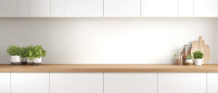 Modern kitchen scene with wooden table, perfect for interior design blogs, social media content, artistic compositions, and promotional materials. The white panels create a bright and minimalist atmos