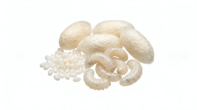 Silkworm eggs, white silkworm larvae, and natural raw silk cocoons isolated on clean white background, displaying silk production life cycle stages