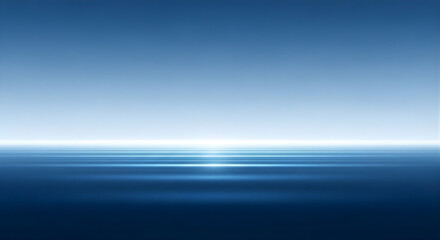 A serene blue abstract background showcases horizontal light streaks reflecting on a calm surface.