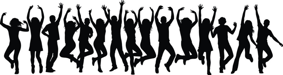 Silhouetted group of people jumping together in celebration, unity, teamwork, happiness, diversity, energy, success, freedom, motivation, joy, lifestyle, achievement