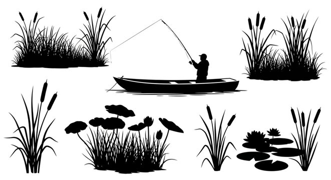 Set of black silhouettes of a fisherman in a boat with a fishing rod and various water plants, reeds, and cattails on a white background.