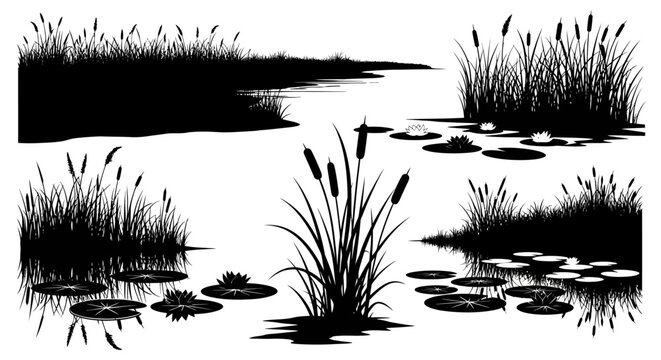 Set of black silhouettes of reeds, cattails, and water lilies on a white background, representing wetland plants and pond vegetation.