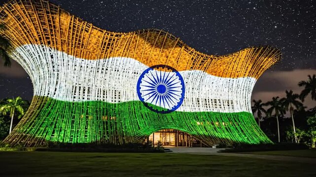 Spectacular bamboo building illuminated with the colors of the Indian flag in a night scene