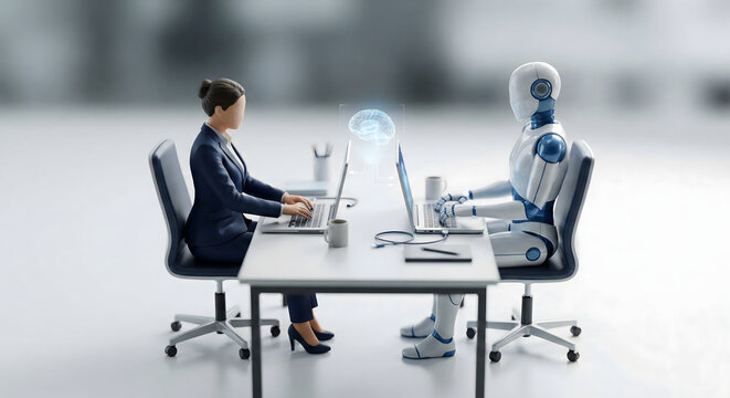 向かい合ってパソコン作業をするAIと女性 共同作業と共生のイメージ
