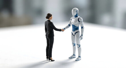 AIロボットと女性ビジネスパーソンの信頼関係を築く握手
