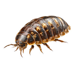 Macro shot of a dark brown segmented roly-poly with tan patterns, numerous legs, on black