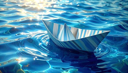 Fototapeta premium A small paper boat floats on rippling blue water (1)