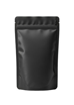 A blank matte black flexible stand-up doypack pouch with sealed zipper, subtle creases, on a transparent background with copy space, concept for brand packaging mockup